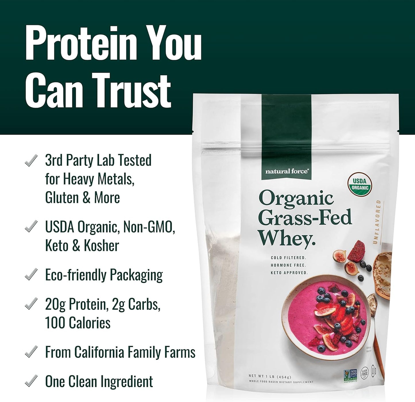 Organic Grass Fed Whey Protein Powder - Non GMO, Keto & Kosher Certified - Lab Tested, Pure & Unflavored - 16 oz