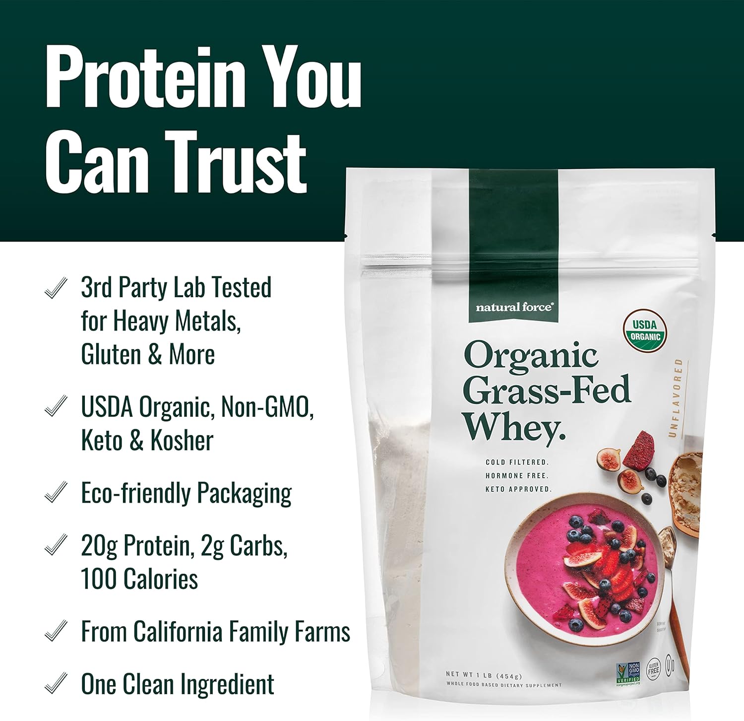 Organic Grass Fed Whey Protein Powder - Non GMO, Keto & Kosher Certified - Lab Tested, Pure & Unflavored - 16 oz