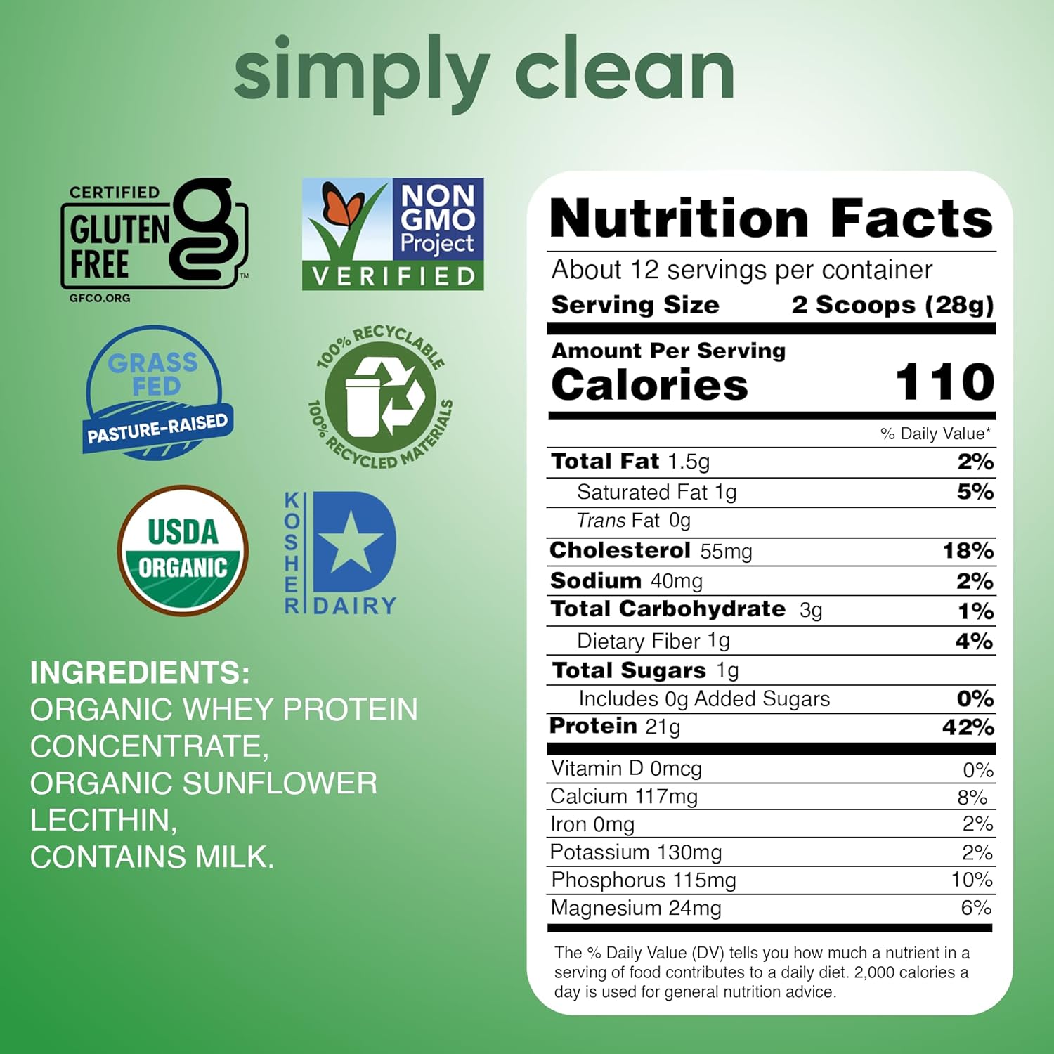 Organic Grass-Fed Whey Protein Powder - Unsweetened, Non-GMO, Kosher, Gluten-Free - 12 Oz