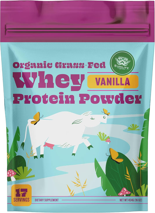 Organic Grass Fed Whey Protein Powder Vanilla - 100% Natural Protein for Men & Women, Sweetened with Cacao, Coconut Creamer, Stevia - 16 Oz, 15 Servings