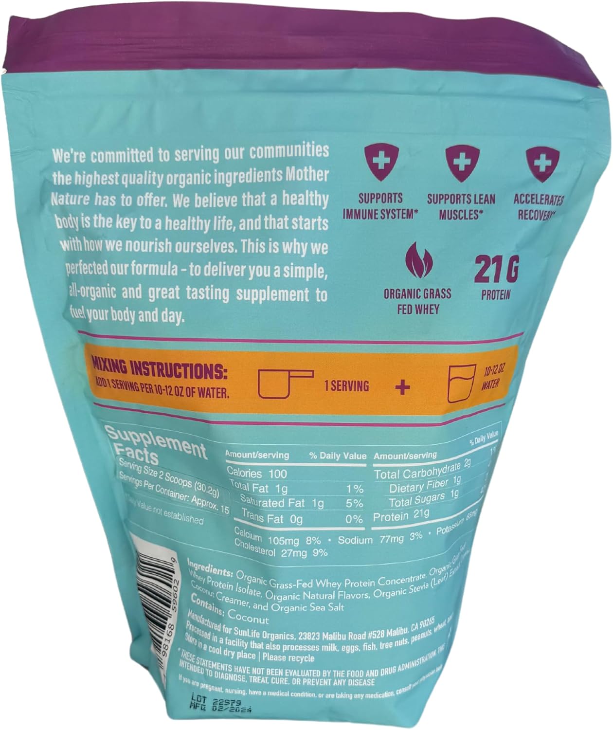 Organic Grass Fed Whey Protein Powder Vanilla - 100% Natural Protein for Men & Women, Sweetened with Cacao, Coconut Creamer, Stevia - 16 Oz, 15 Servings