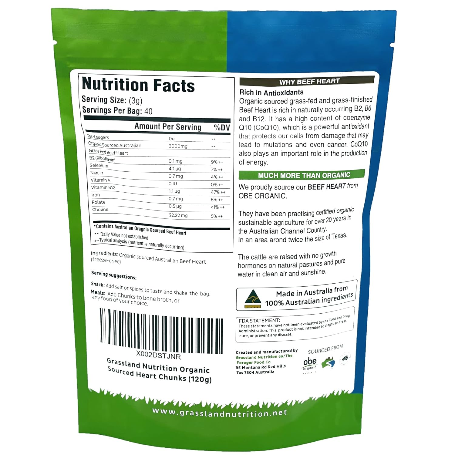 Organic Grassland Nutrition Freeze Dried Chunks with Q10, Vitamin B2, B6, and B12 for Energy - 120g