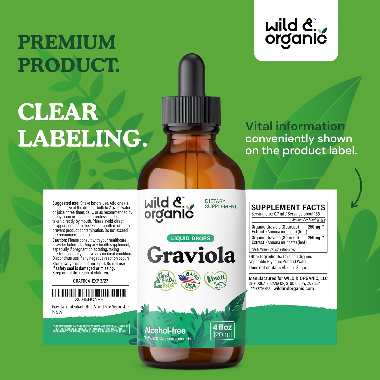 Organic Graviola Soursop Multivitamin Drops - 500mg Guanabana Fruit & Soursop Leaves - Antioxidant Support - Vegan, Sugar & Alcohol-Free Tincture - 4 fl oz
