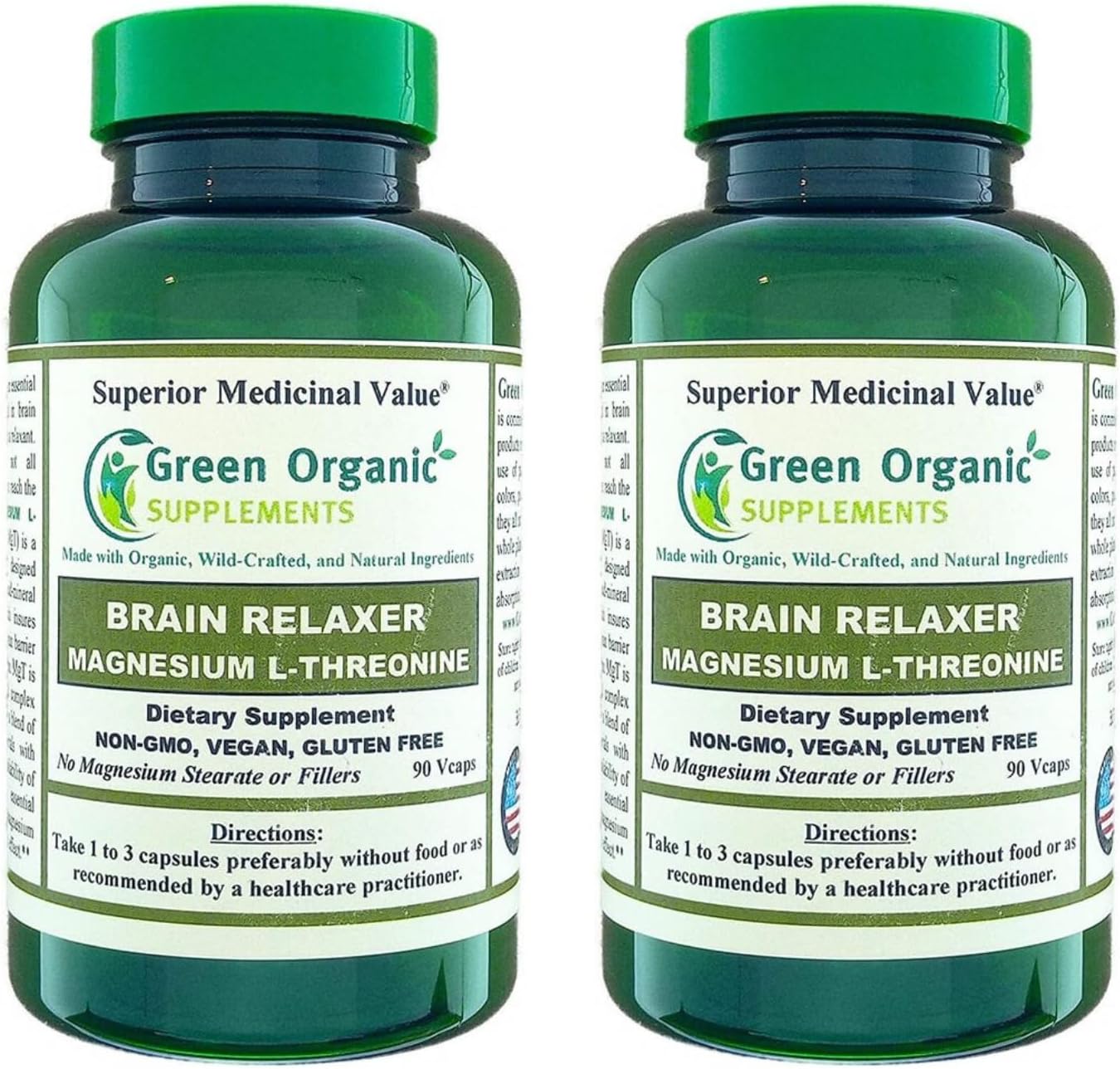 Organic Green Magnesium L-Threonine Supplements - 180 VCaps (2 Pack)