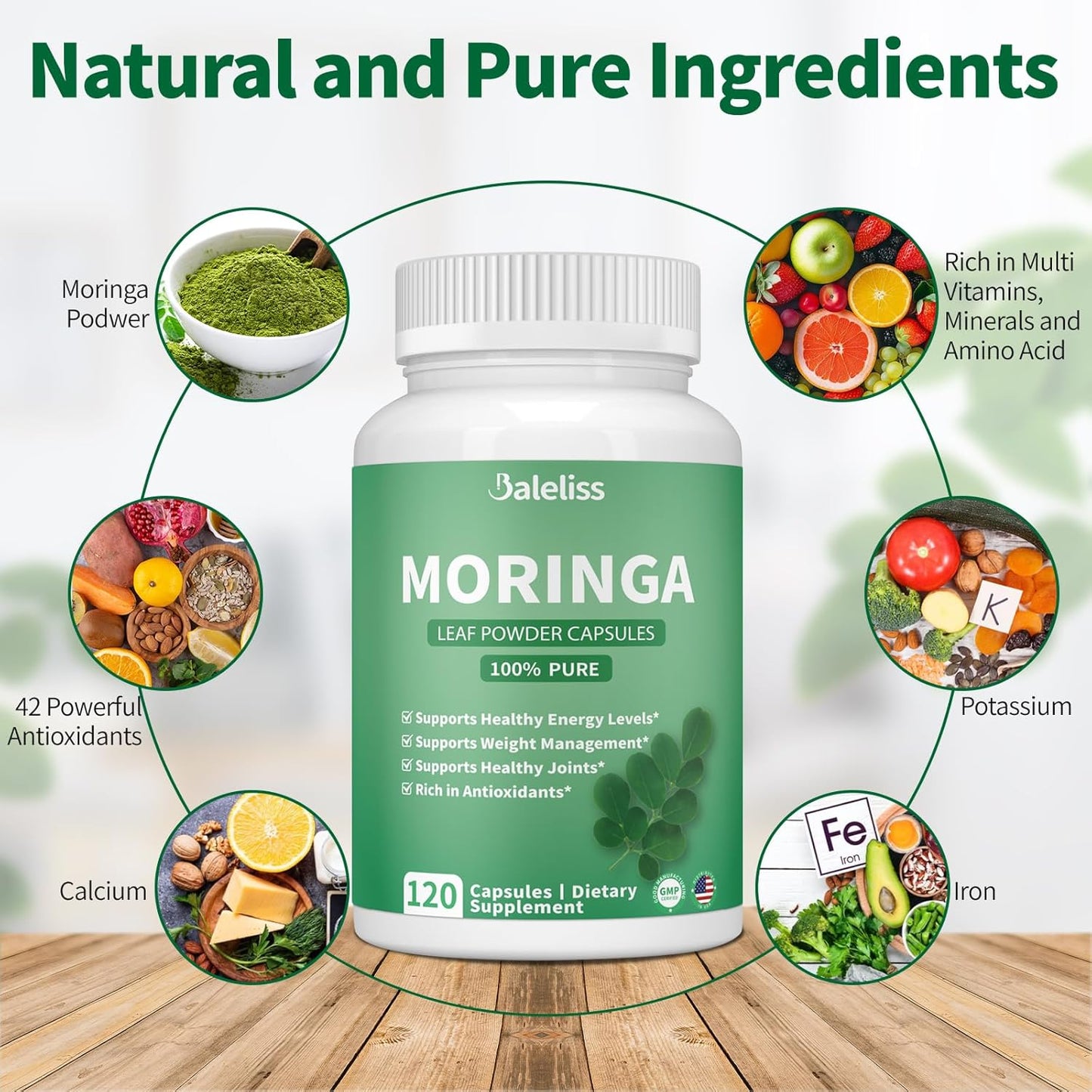 Organic Green Moringa Powder Capsules - 1000mg Antioxidant Superfood for Energy, Skin, Gut, Metabolism, Immune - 120 Capsules