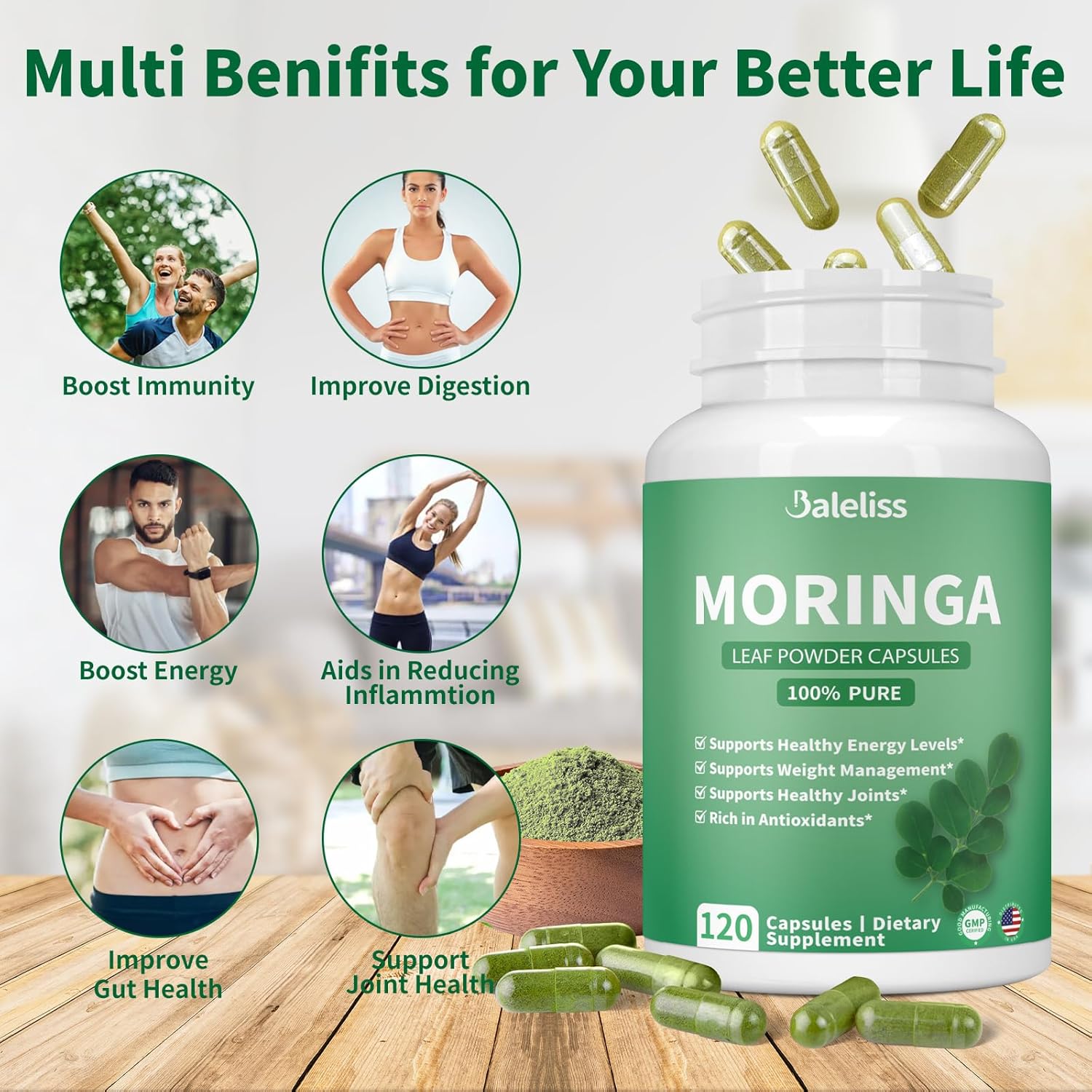 Organic Green Moringa Powder Capsules - 1000mg Antioxidant Superfood for Energy, Skin, Gut, Metabolism, Immune - 120 Capsules
