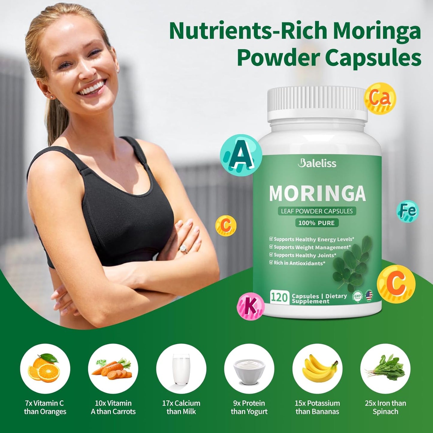 Organic Green Moringa Powder Capsules - 1000mg Antioxidant Superfood for Energy, Skin, Gut, Metabolism, Immune - 120 Capsules
