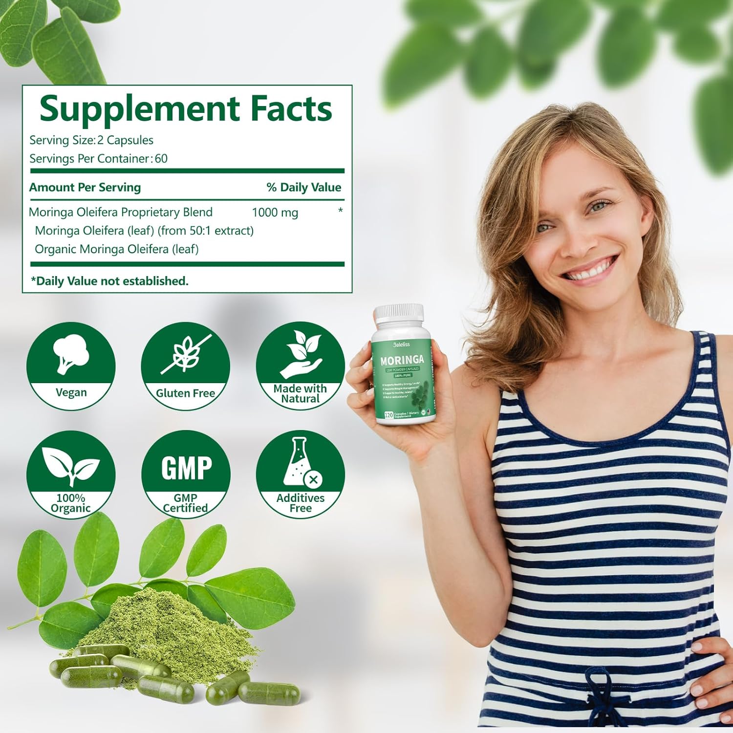 Organic Green Moringa Powder Capsules - 1000mg Antioxidant Superfood for Energy, Skin, Gut, Metabolism, Immune - 120 Capsules