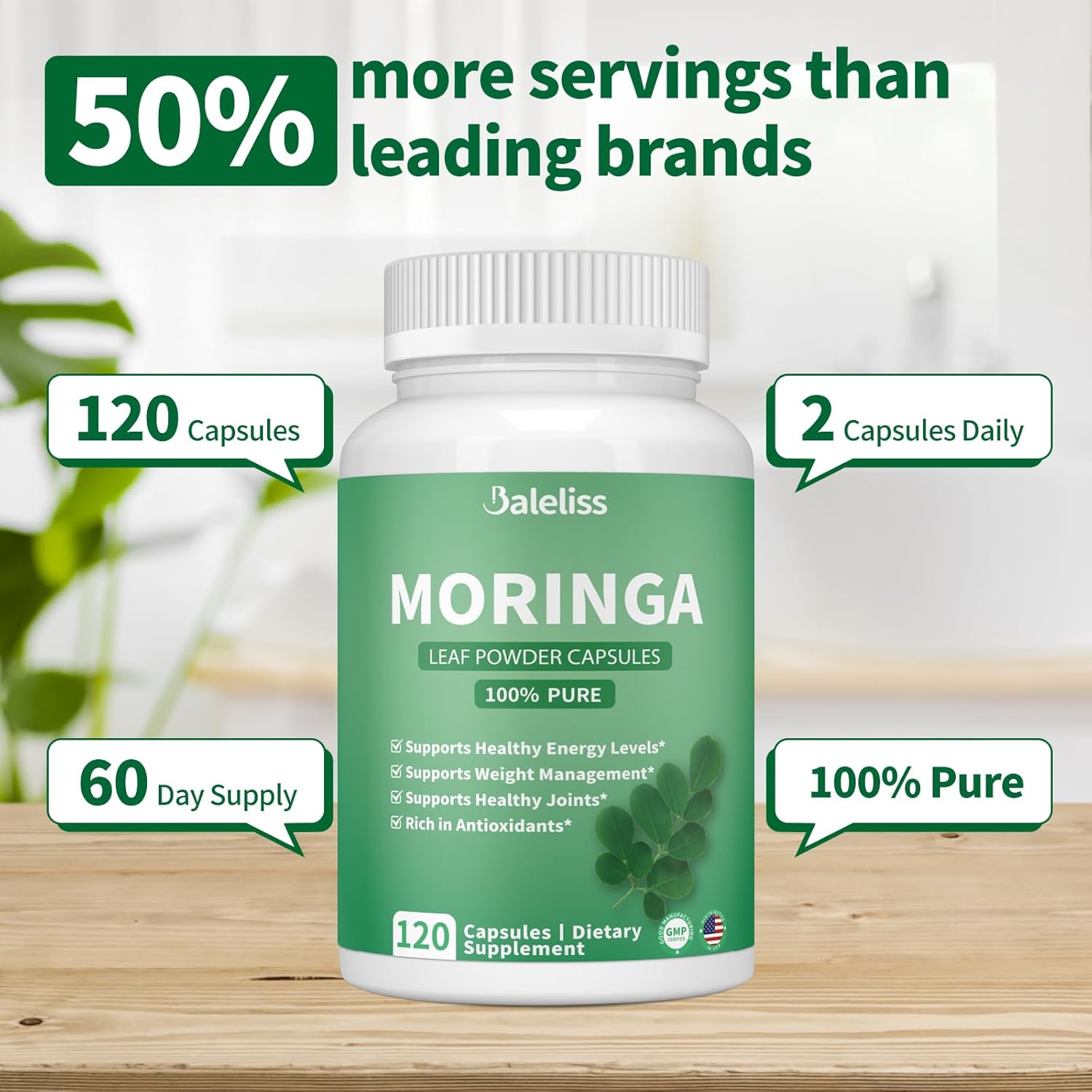 Organic Green Moringa Powder Capsules - 1000mg Antioxidant Superfood for Energy, Skin, Gut, Metabolism, Immune - 120 Capsules