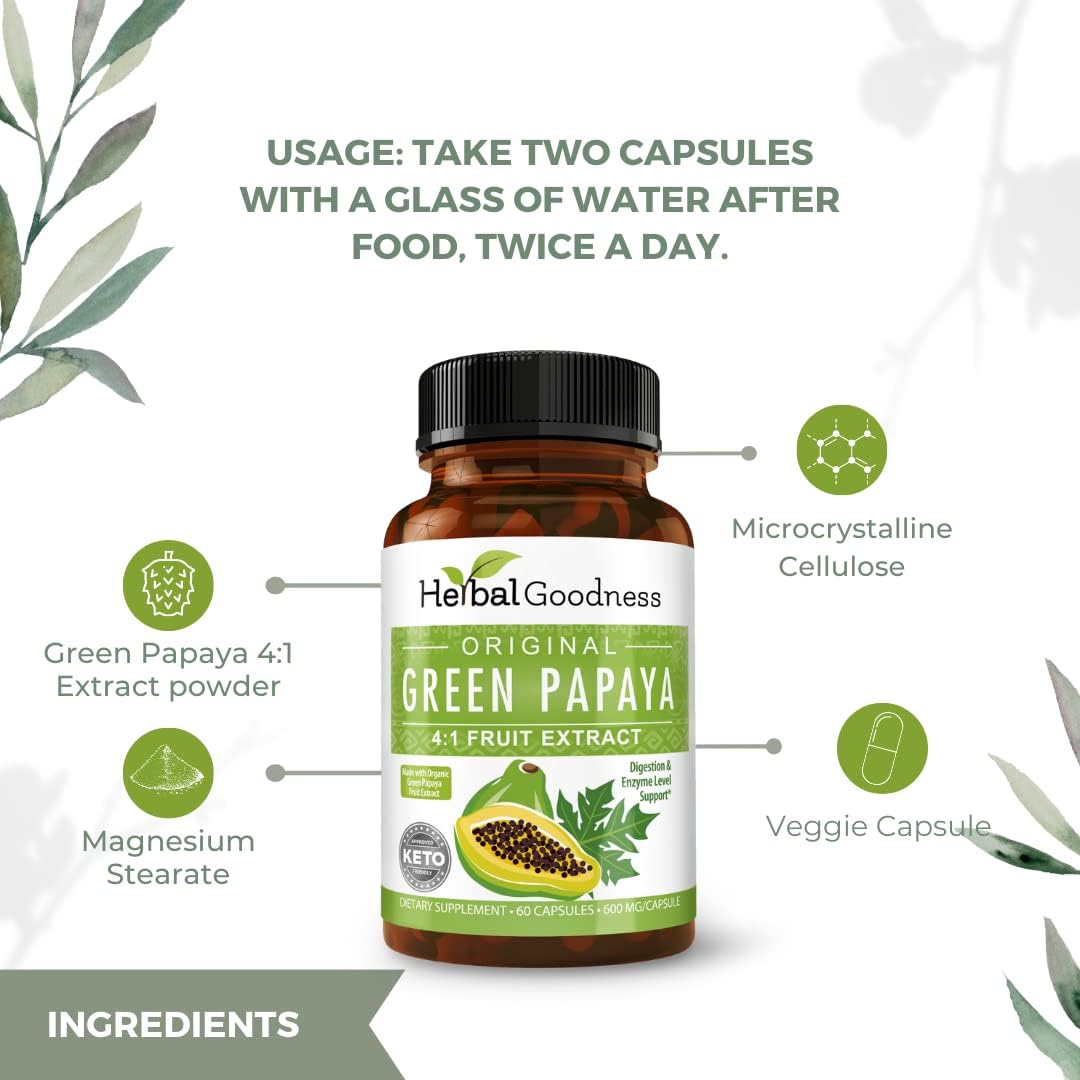 Organic Green Papaya Leaf Extract Capsules - Digestive Health with Papaya Enzymes, Prebiotics, Probiotics - Immune Support - 60 Capsules, USA Made