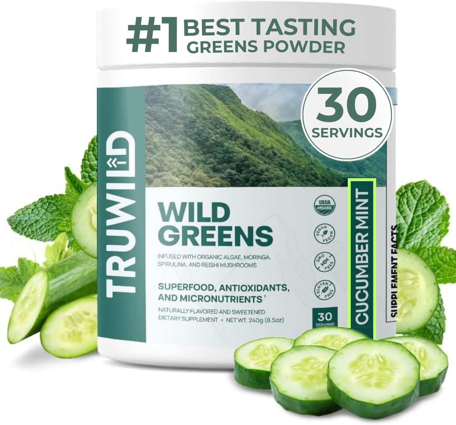 Organic Green Superfood Juice Powder with 22+ Antioxidants & Nutrients for Immune Health, Stress Relief, Digestion - 30 Servings (Cucumber Mint)