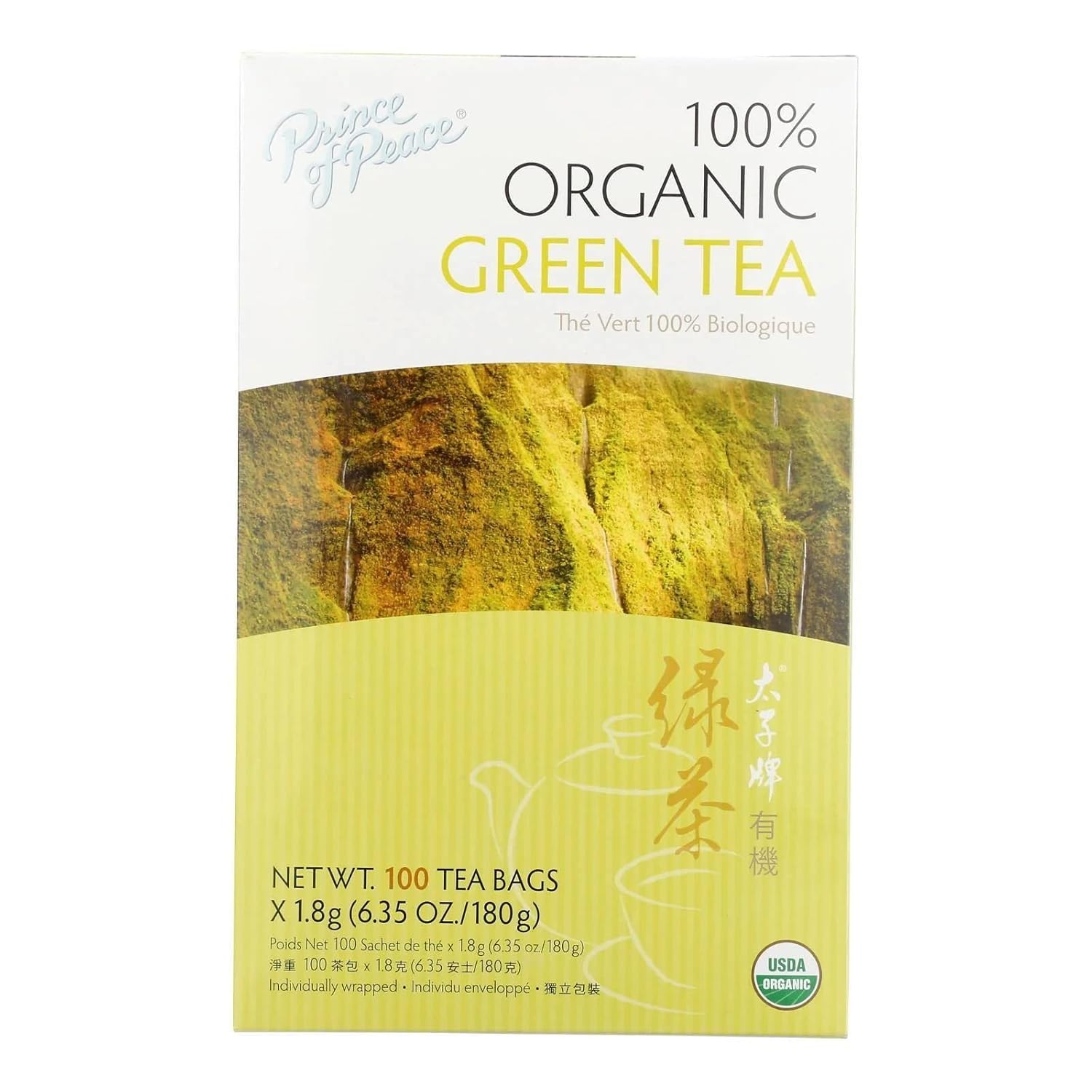 Organic Green Tea - 100 Tea Bags, 6.35 oz, Prince of Peace, 100% Natural