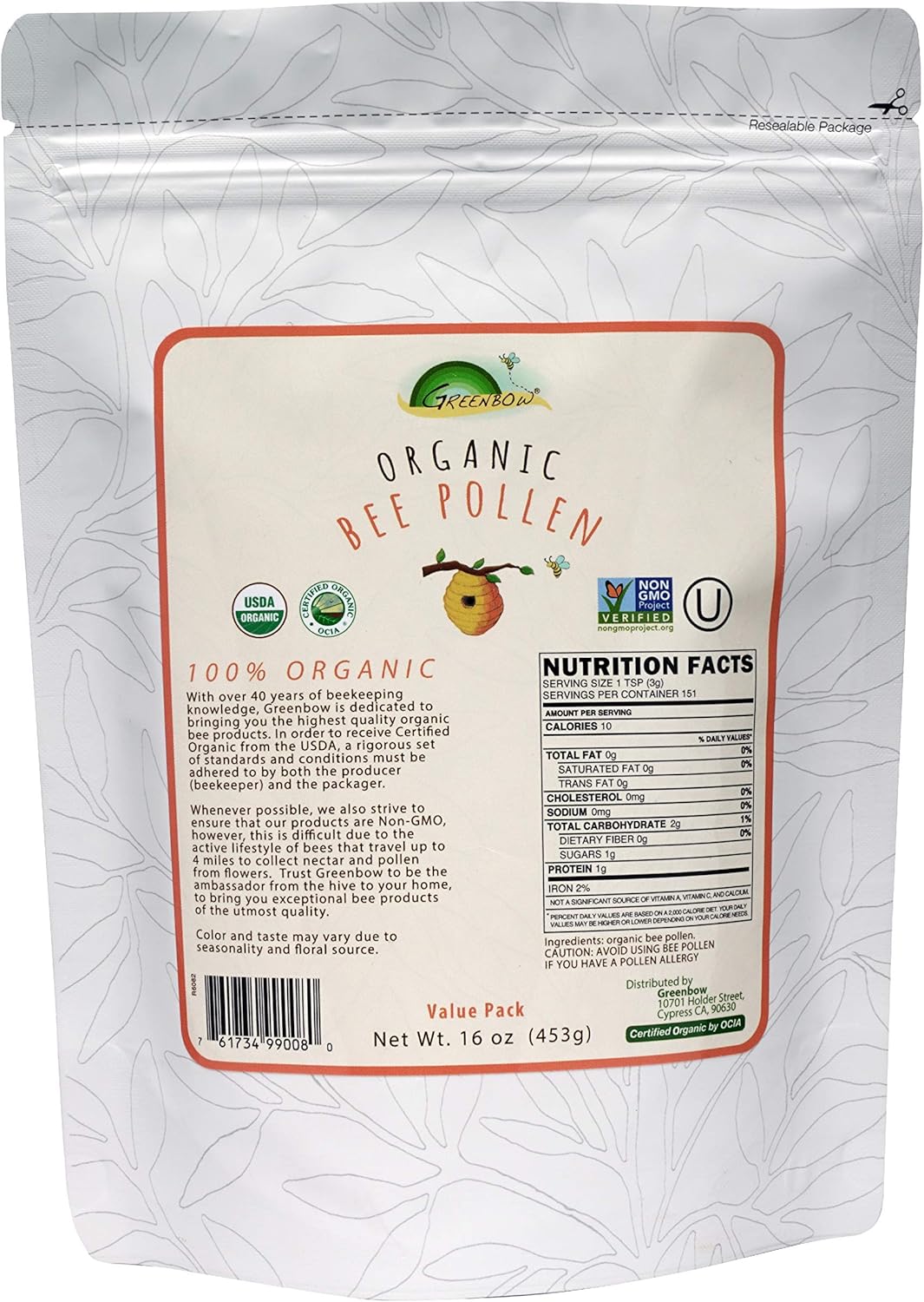 Organic Greenbow Bee Pollen - USDA Certified, Non-GMO Superfood with Proteins, Vitamins, Minerals - Pure & Natural - 16oz