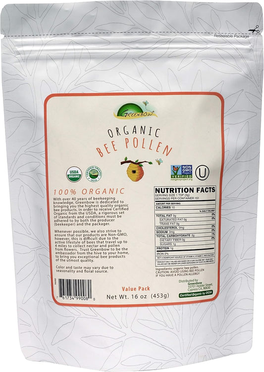 Organic Greenbow Bee Pollen - USDA Certified, Non-GMO Superfood with Proteins, Vitamins, Minerals - Pure & Natural - 16oz