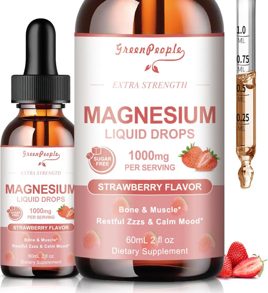 Organic GreenPeople Magnesium Glycinate Liquid Drops - 5 Types Magnesium Complex with D3, K2 & B6 - Bone & Muscle Support - Sugar-Free Strawberry - 2fl Oz