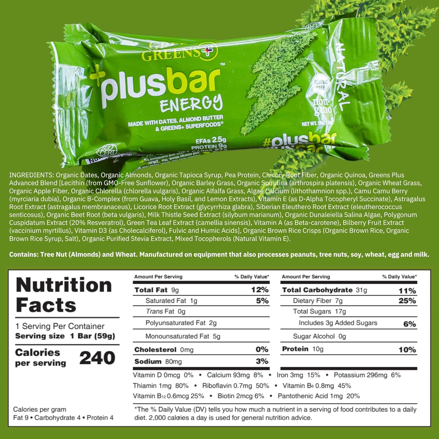 Organic Greens Energy Bar with Natural Energy Boost | Gluten Free | Non GMO | Vegan | 12 Bars