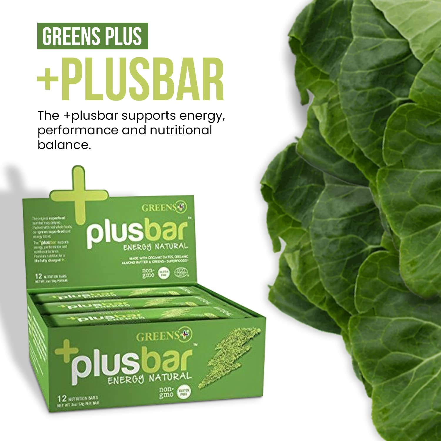 Organic Greens Energy Bar with Natural Energy Boost | Gluten Free | Non GMO | Vegan | 12 Bars
