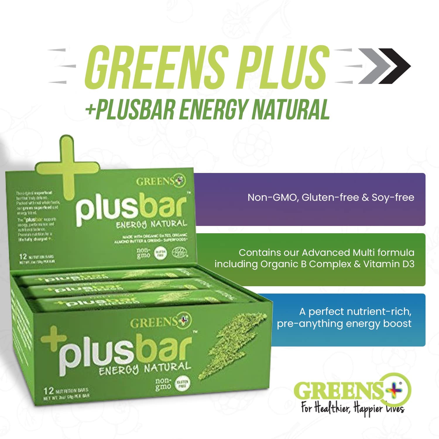 Organic Greens Energy Bar with Natural Energy Boost | Gluten Free | Non GMO | Vegan | 12 Bars