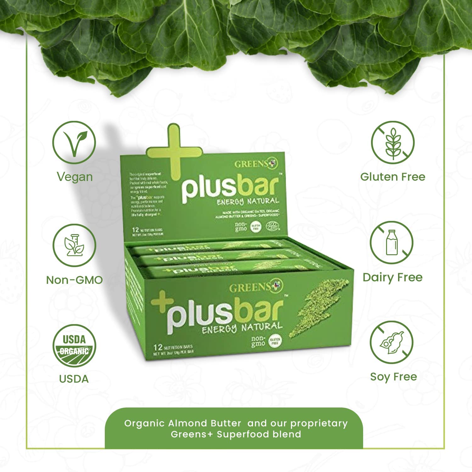 Organic Greens Energy Bar with Natural Energy Boost | Gluten Free | Non GMO | Vegan | 12 Bars