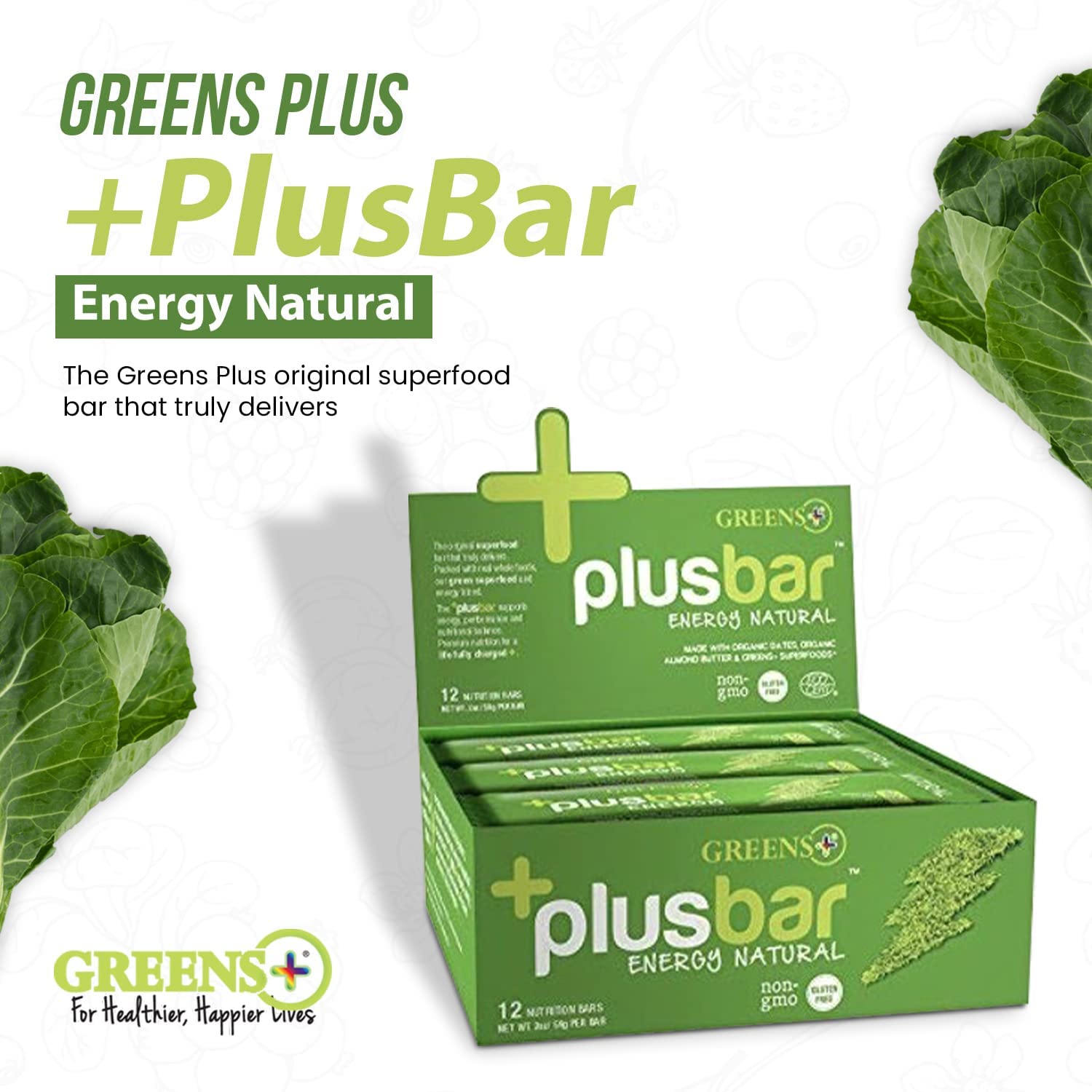 Organic Greens Energy Bar with Natural Energy Boost | Gluten Free | Non GMO | Vegan | 12 Bars