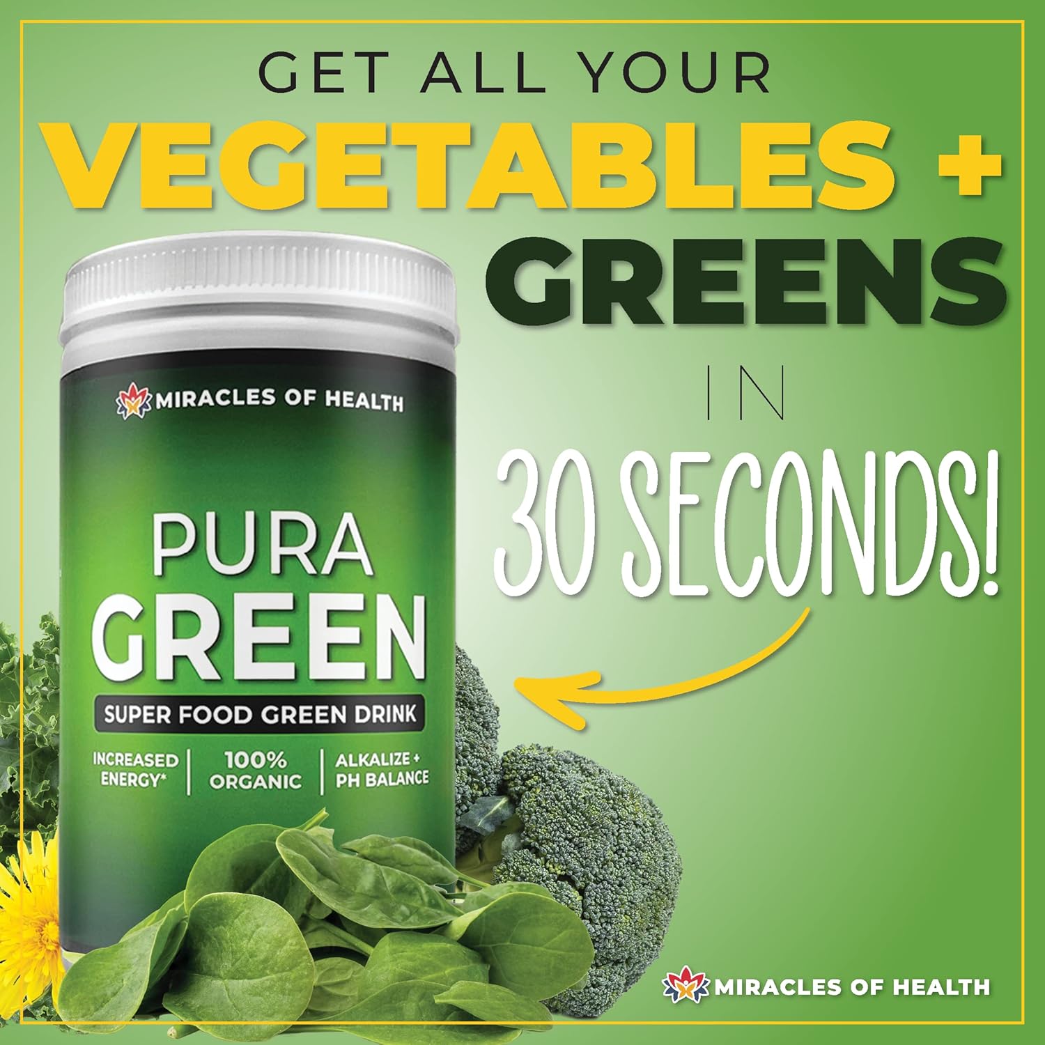 Organic Greens Herbal Supplement for Daily Nutrition and Energy Boost - Miracles of Health Pura Green Drink