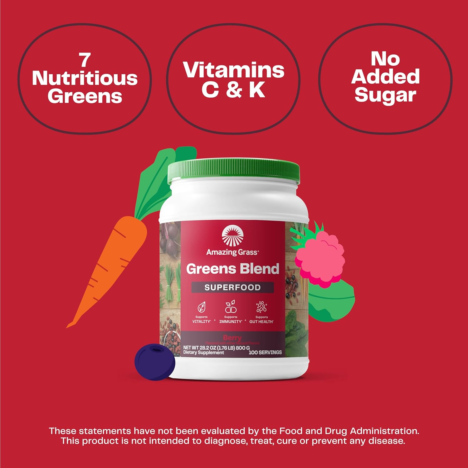 Organic Greens Superfood Powder with Digestive Enzymes & Probiotics - Berry Flavor, 100 Servings