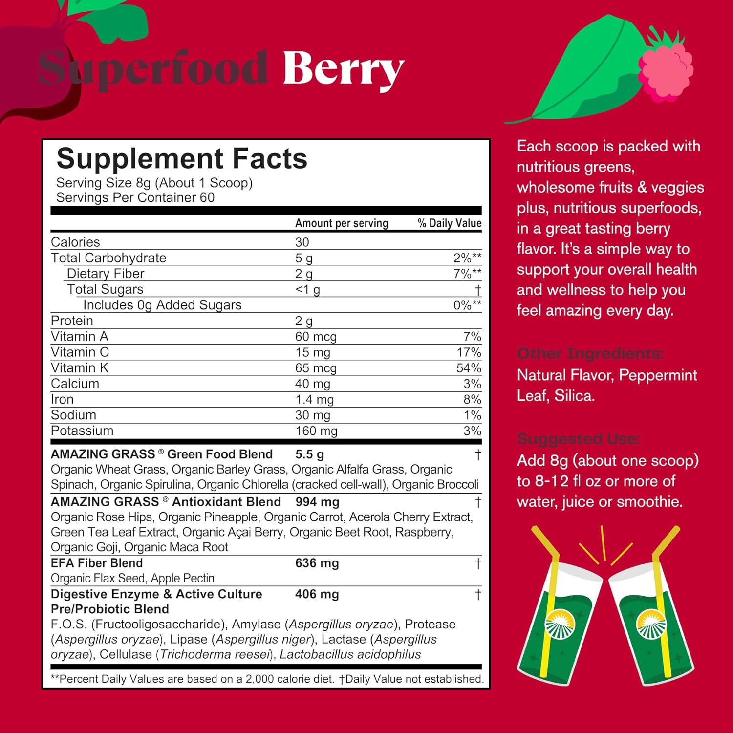Organic Greens Superfood Powder with Digestive Enzymes, Probiotics, Spirulina, Chlorella, Beet Root, Berry - 60 Servings