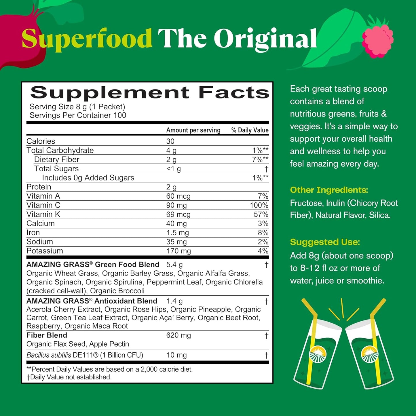 Organic Greens Superfood Powder with Digestive Enzymes & Probiotics - Original Blend with Spirulina, Chlorella, Beet Root - 15 Servings