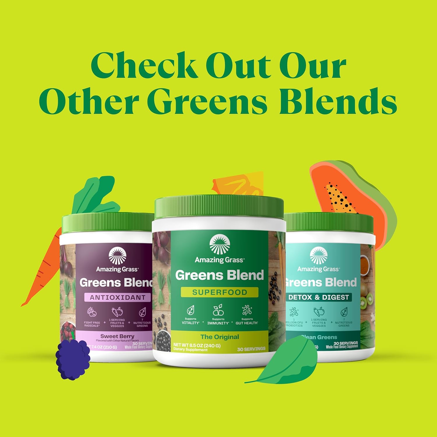 Organic Greens Superfood Powder with Digestive Enzymes & Probiotics - Berry Flavor, 100 Servings