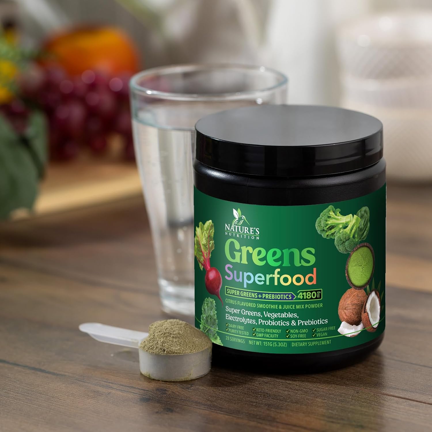 Organic Greens Superfood Powder with Probiotics and Wheat Grass - Digestive Health Drink Mix - 28 Servings