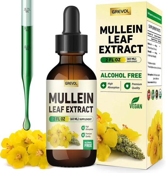 Organic Grevol Mullein Leaf Drops Tincture - Lung Cleanse & Respiratory Support Supplement - 30:1 Extract with Chlorophyll - Non-GMO, Vegan - 2 Fl Oz