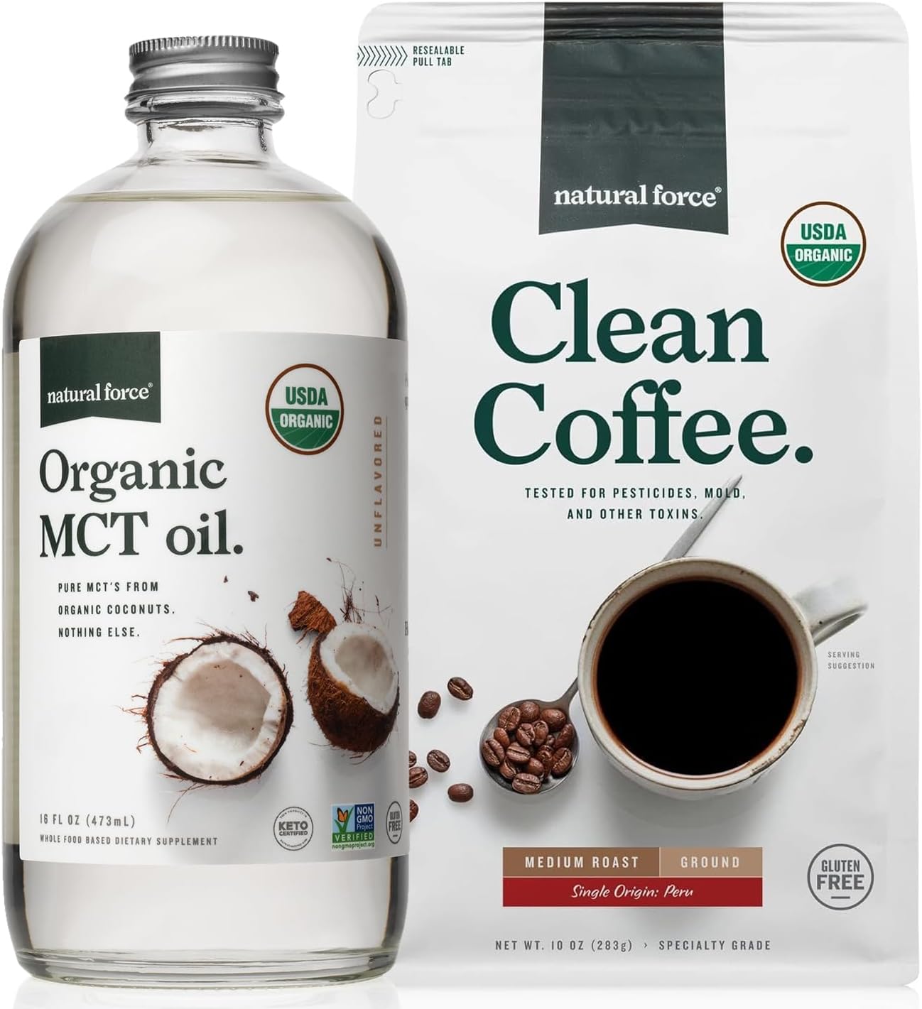 Organic Ground Clean Coffee and MCT Oil Bundle - Pure Coconut MCTs, Mold-Free Coffee - Non-GMO, Keto, Paleo, Vegan - 10 Oz Bag, 16 Oz Bottle