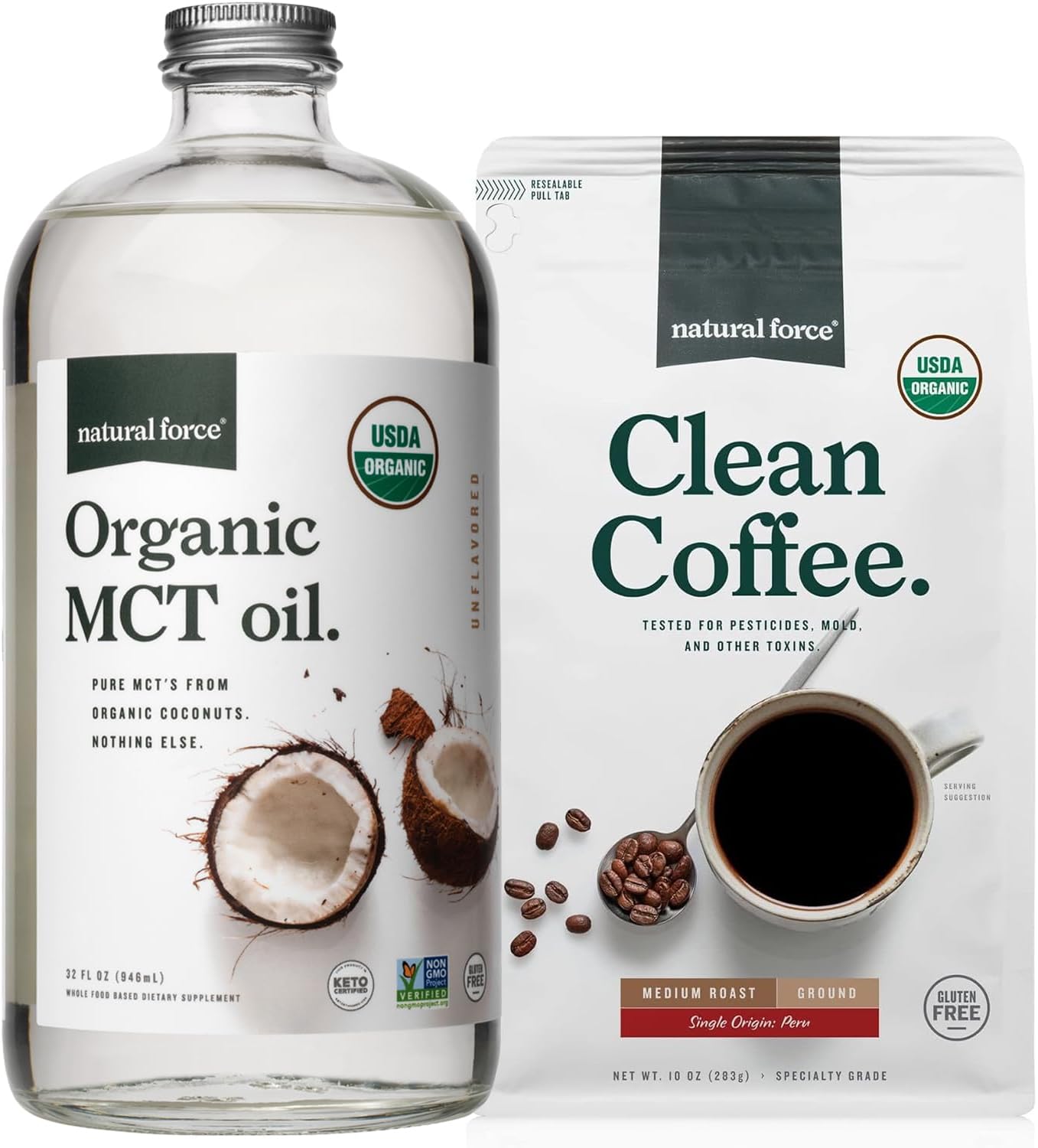 Organic Ground Clean Coffee and MCT Oil Bundle - Pure Coconut MCTs, Mold & Mycotoxin Free - Non-GMO, Keto, Paleo, Vegan - 10 Oz Bag + 32 Oz Bottle