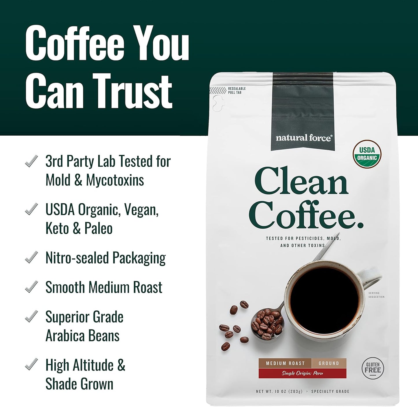 Organic Ground Clean Coffee with Pure C8 MCT Oil Bundle - Non-GMO, Keto, Paleo, Vegan - Mold & Mycotoxin Free - 10 Oz Bag, 32 Oz Bottle