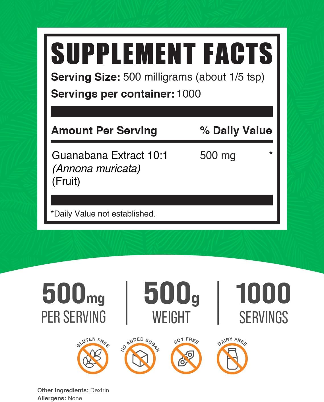Organic Guanabana Fruit Extract Powder - Soursop Herbal Supplement, Gluten-Free, 500mg per Serving - 500g (1.1 lbs) Pack of 1 by BulkSupplements