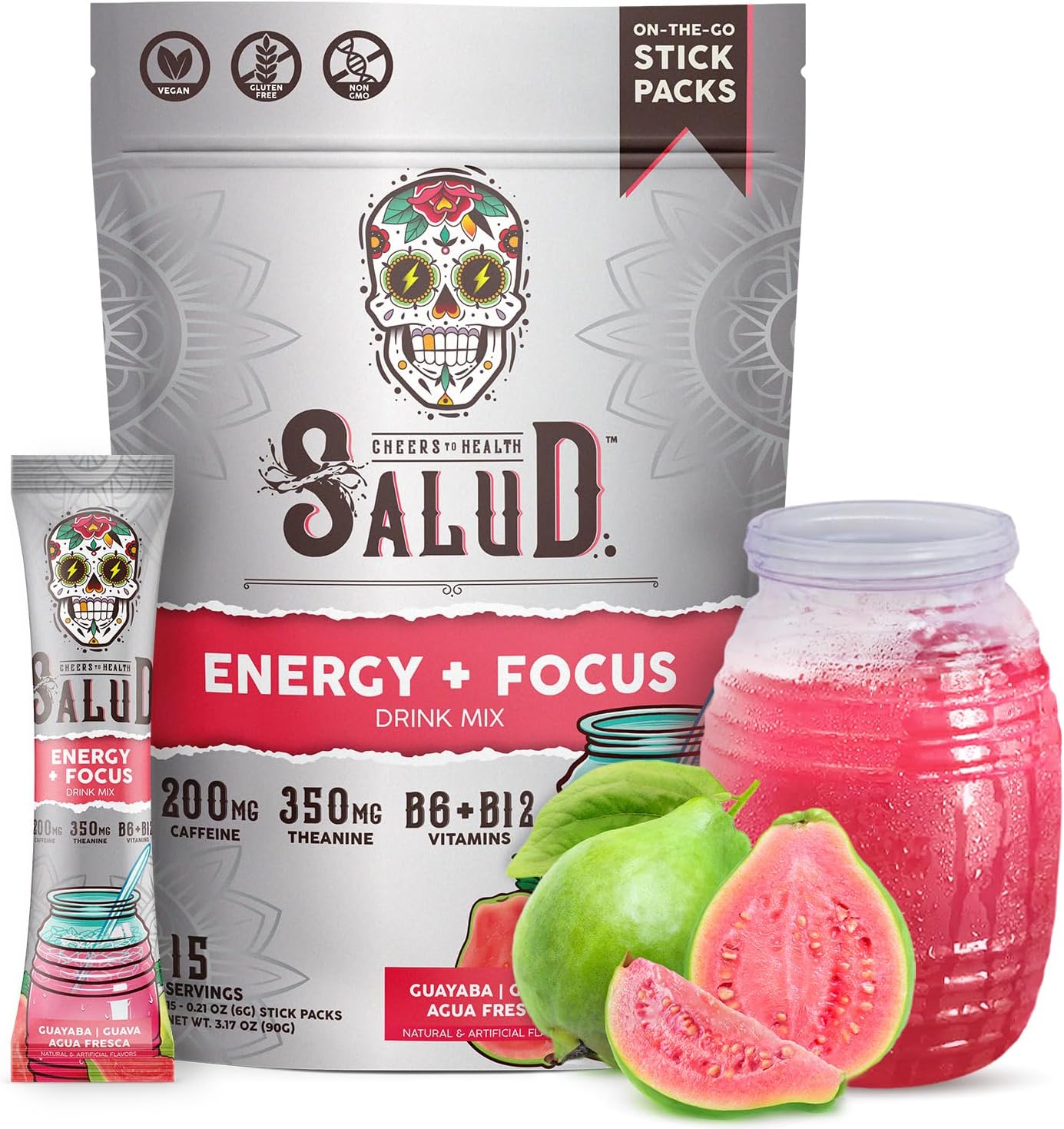 Organic Guava Energy Drink Powder with B6, B12, and Theanine - 2-in-1 Focus Formula, Clean Energy Packets, Non-GMO, Vegan - 15 Servings