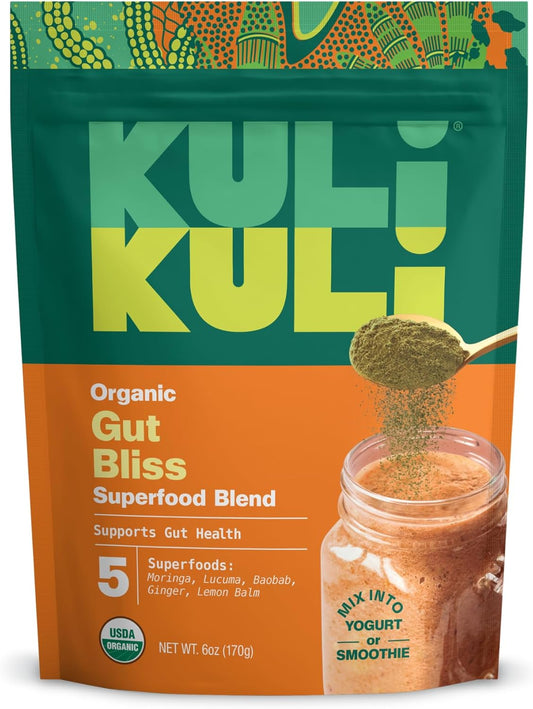 Organic Gut Bliss Superfood Powder [6 oz] - Moringa, Baobab, Lucuma, Ginger, Lemon Balm - Improve Digestion, Soothe Stomach - Gut Health Booster