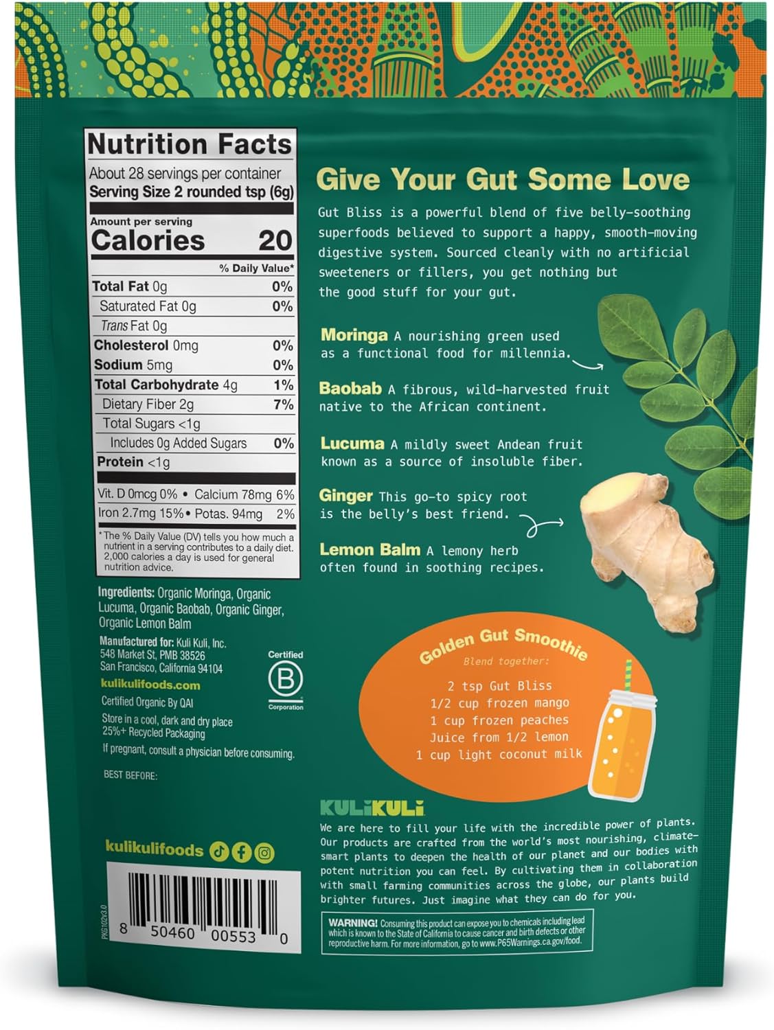 Organic Gut Bliss Superfood Powder [6 oz] - Moringa, Baobab, Lucuma, Ginger, Lemon Balm - Improve Digestion, Soothe Stomach - Gut Health Booster