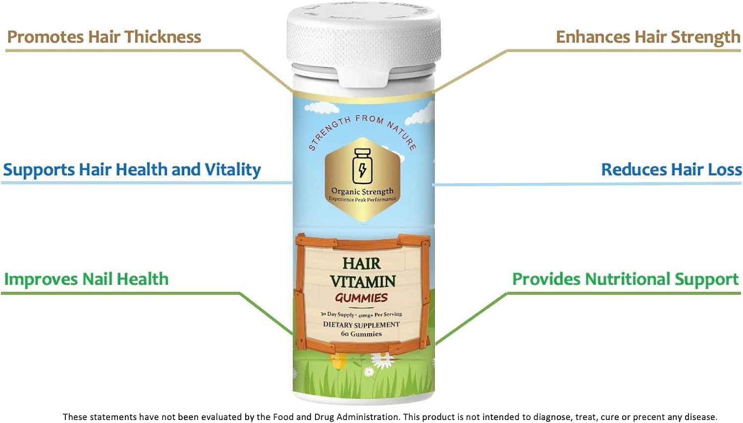 Organic Hair Vitamin Gummies with 5000 mg Biotin, VIT A 630 mcg, Folate 400+ mcg (60 Count)