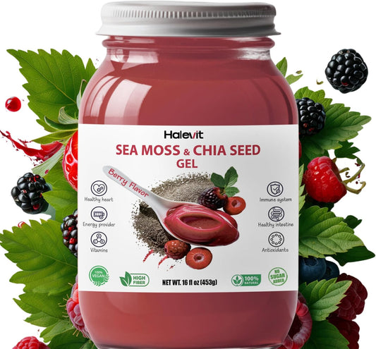 Organic Halevit Sea Moss Gel with Ground Chia Seeds - Berry Flavored Superfood Rich in Omega-3 & Iodine for Immune & Digestive Support - Vegan, 16 oz