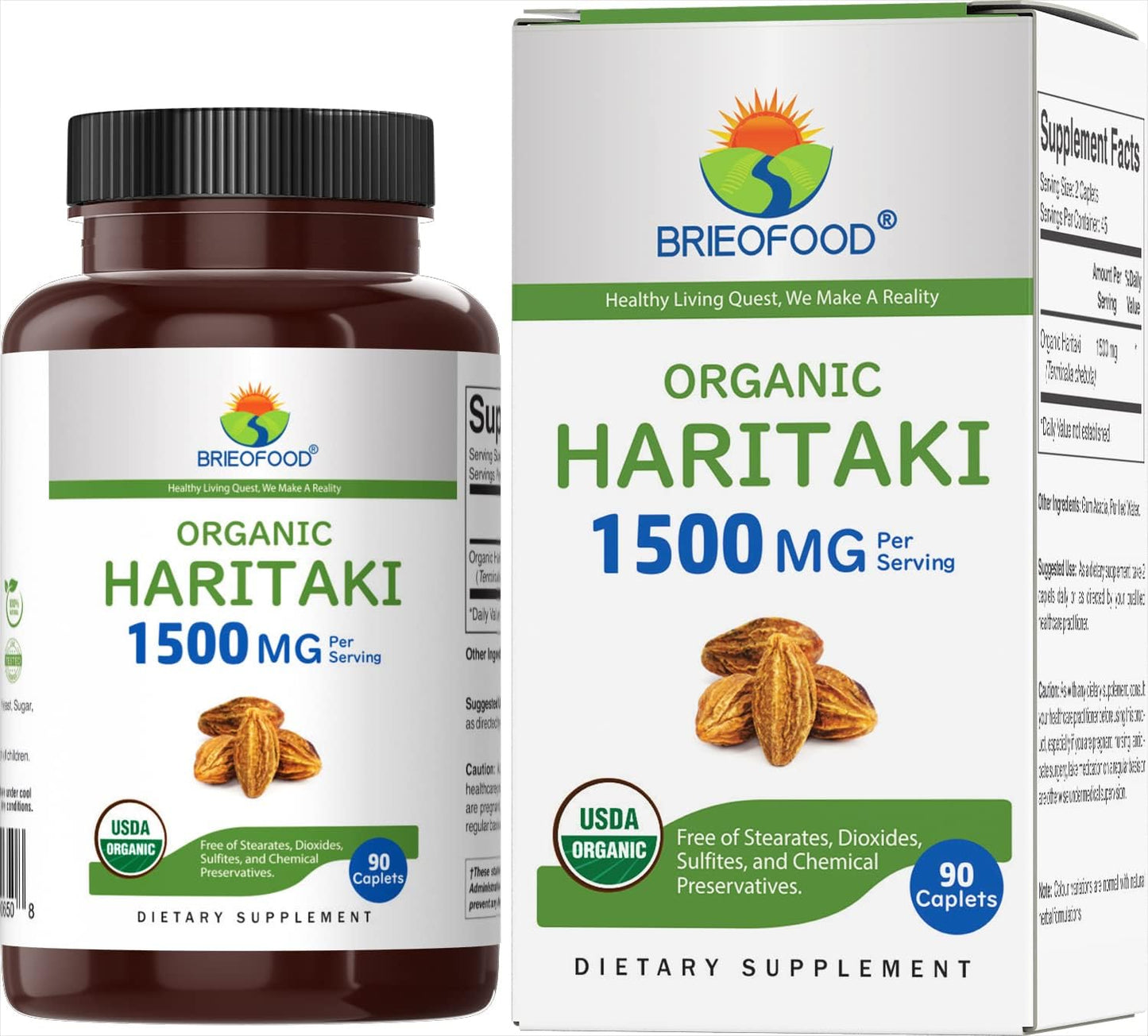 Organic Haritaki Tablets 1500mg - 90 Vegetarian Tablets, Gluten Free - Brieofood