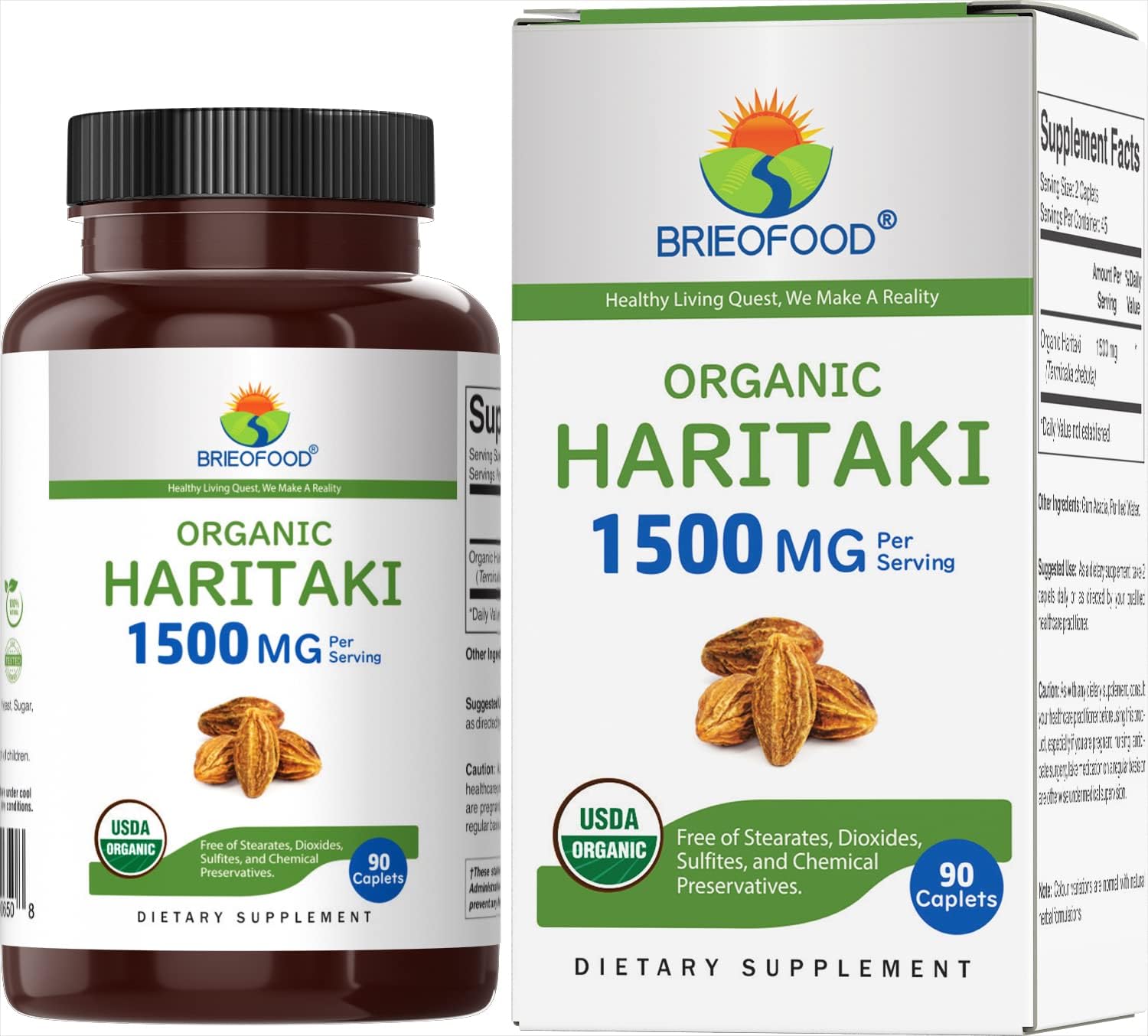 Organic Haritaki Tablets 1500mg - 90 Vegetarian Tablets, Gluten Free - Brieofood