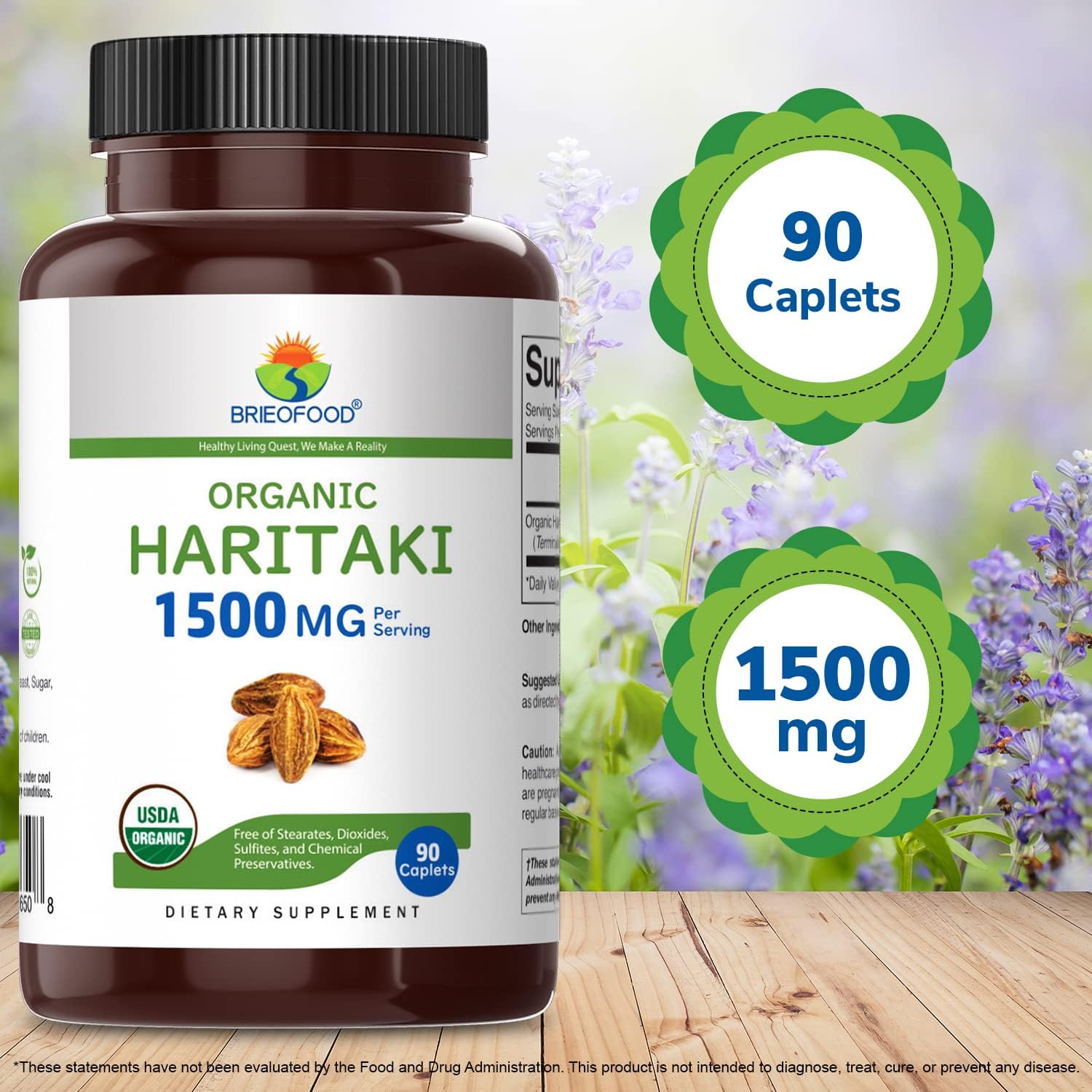 Organic Haritaki Tablets 1500mg - 90 Vegetarian Tablets, Gluten Free - Brieofood