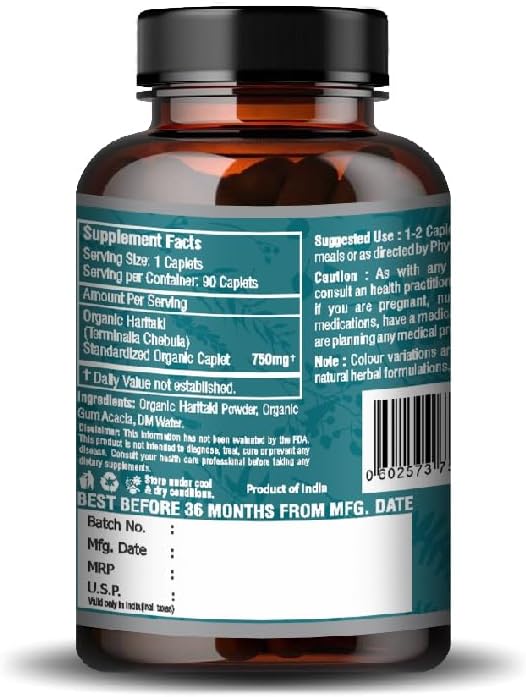 Organic Haritaki (Terminalia Chebula) Tablets - 750mg (90 Tablets) | Dietary Supplement for Detox & Rejuvenation
