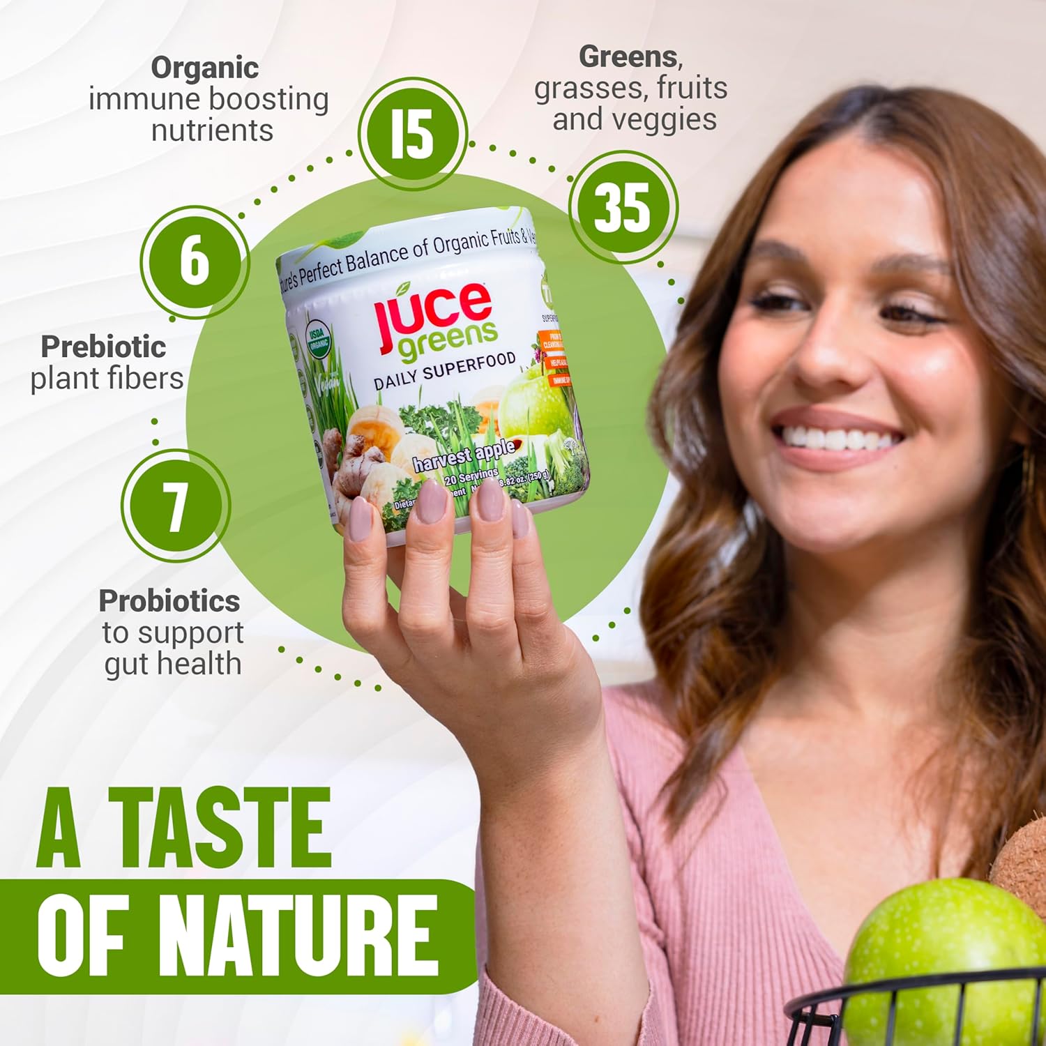 Organic Harvest Apple Superfood Powder with 77 Superfoods and Prebiotic Probiotic Blend - 20 Servings - Terra Kai Organics