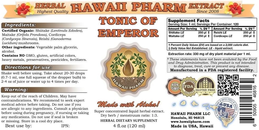 Organic HawaiiPharm Shiitake, Maitake, Cordyceps, Reishi Liquid Extract Tincture - Herbal Supplement 32 fl.oz USA Made