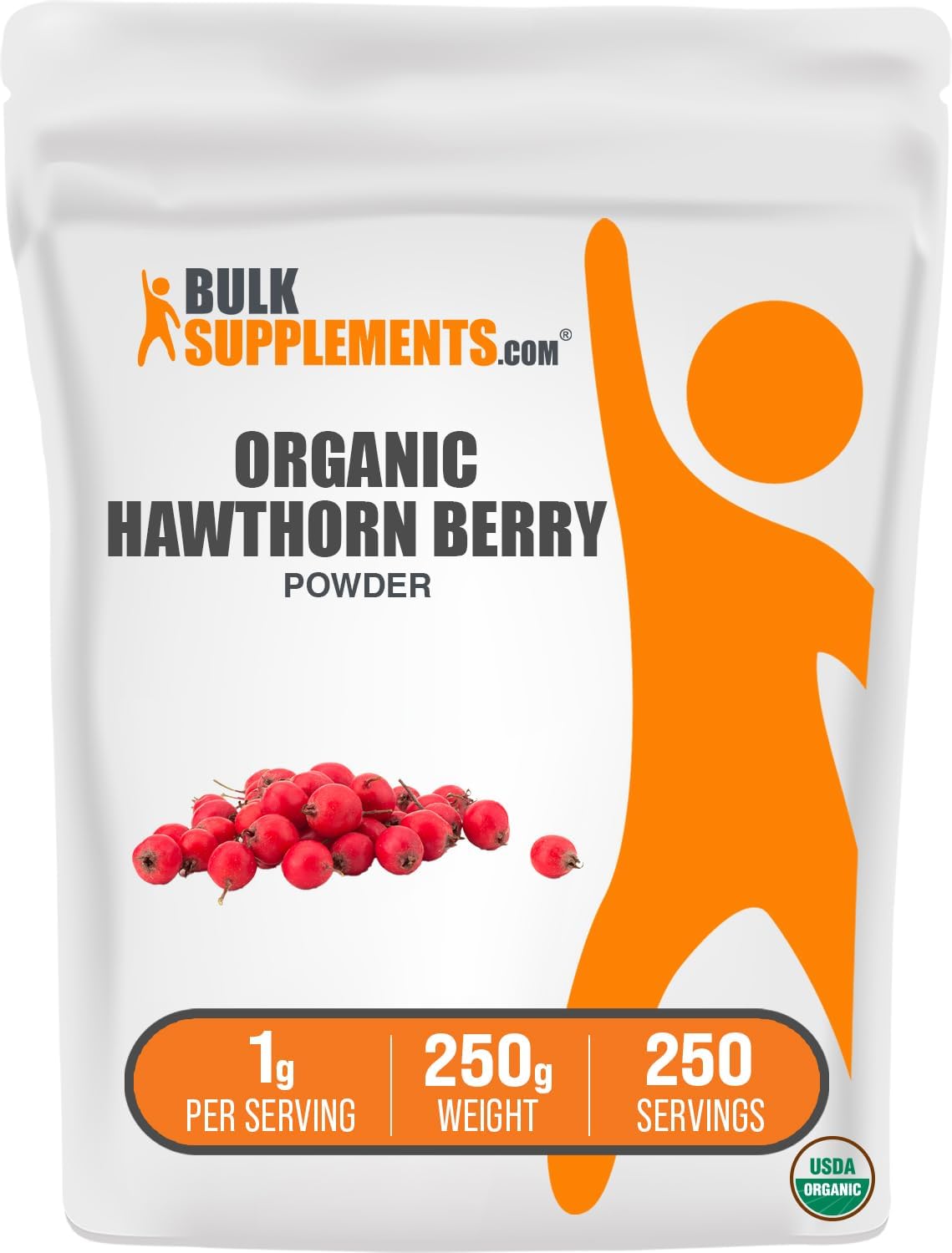 Organic Hawthorn Berry Powder Supplement - Vegan & Gluten Free, 1g per Serving, 250g (8.8 oz) - BulkSupplements.com