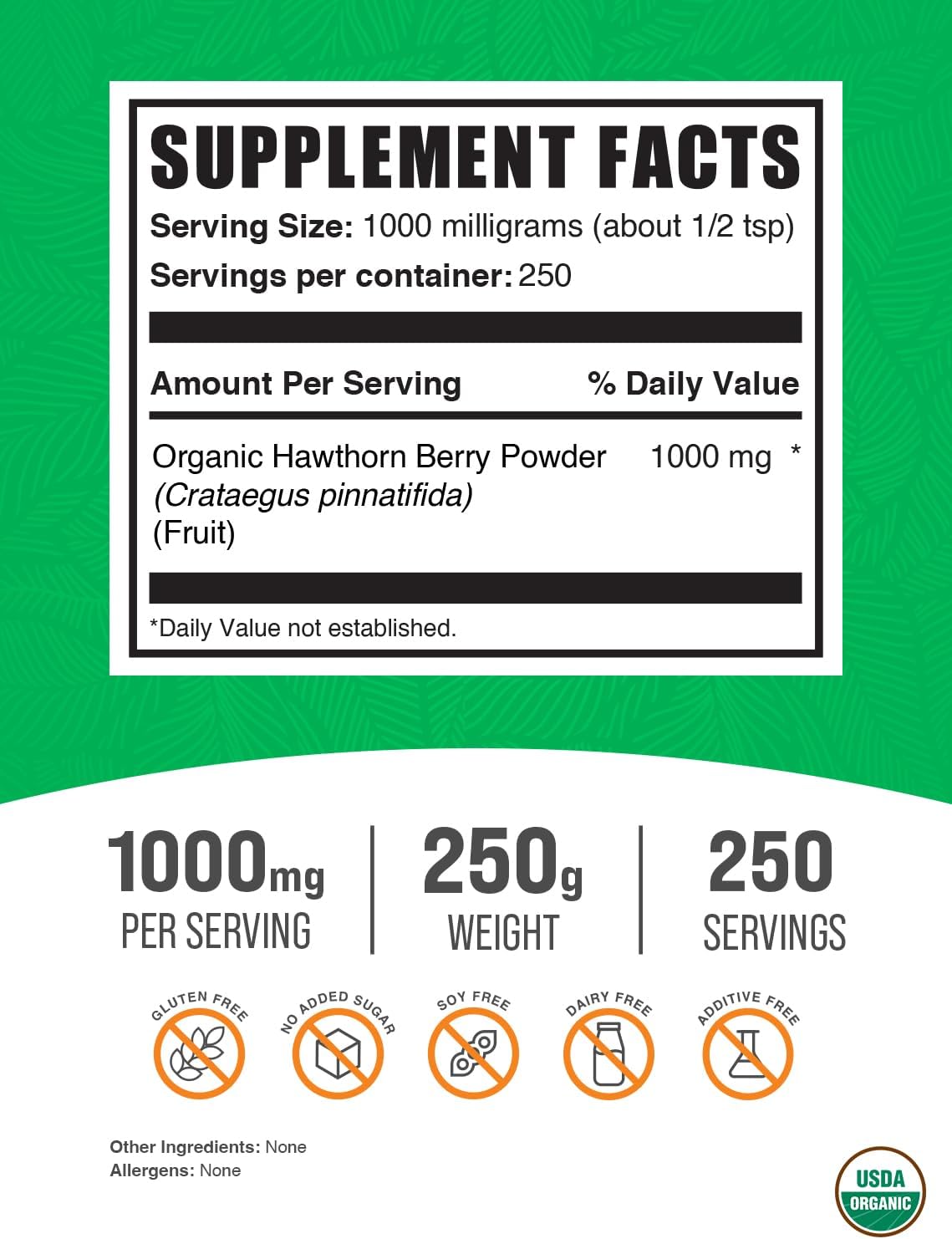 Organic Hawthorn Berry Powder Supplement - Vegan & Gluten Free, 1g per Serving, 250g (8.8 oz) - BulkSupplements.com