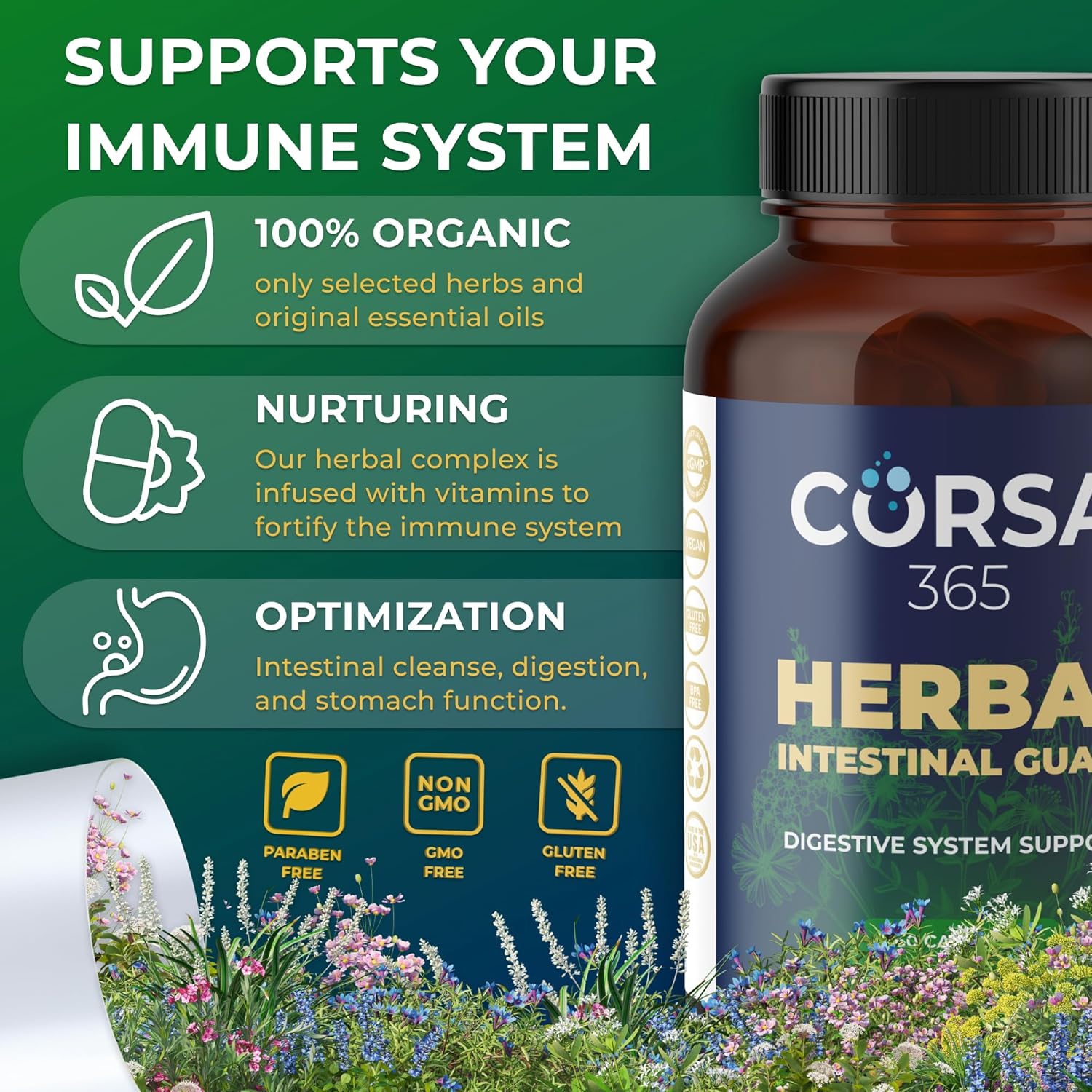 Organic Herbal Intestinal Support Supplement - Promotes Digestive Health, Gut Balance, and Immune Boost - Colon Cleanse Complex for Men and Women - 60 Capsules
