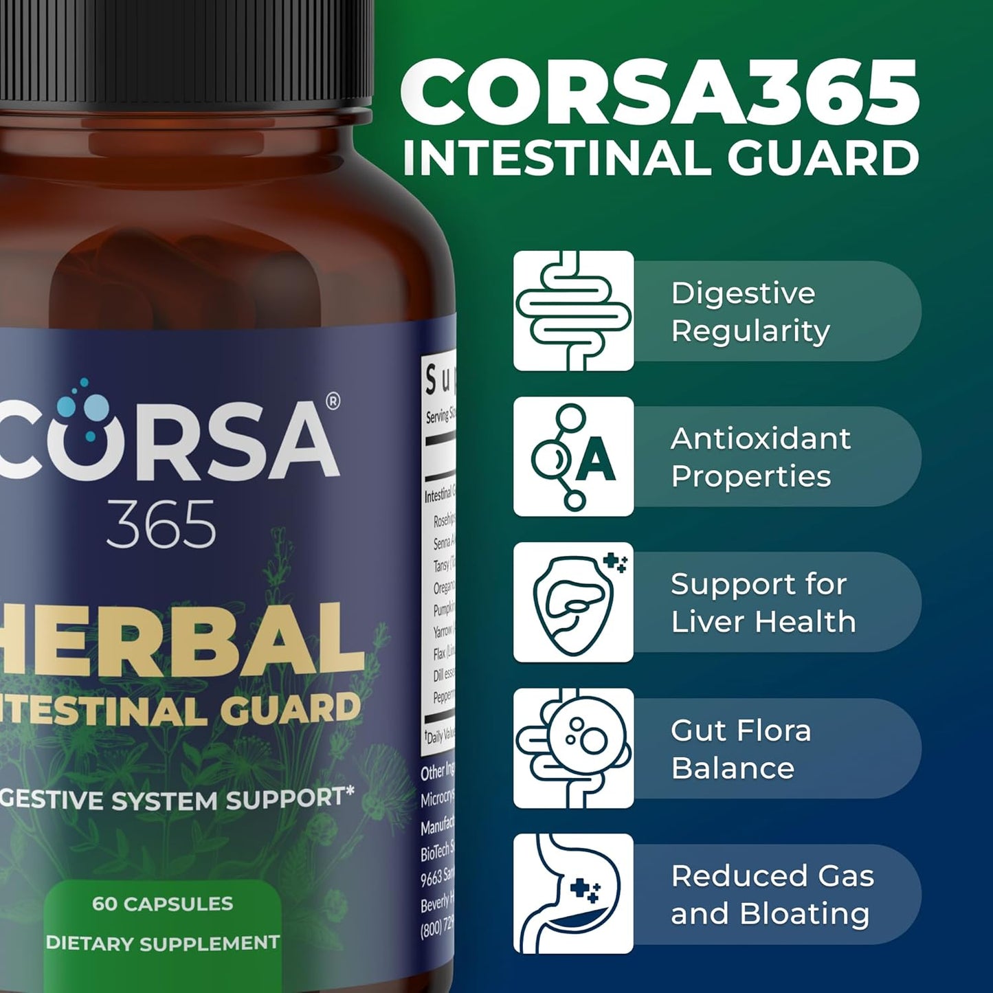 Organic Herbal Intestinal Support Supplement - Promotes Digestive Health, Gut Balance, and Immune Boost - Colon Cleanse Complex for Men and Women - 60 Capsules